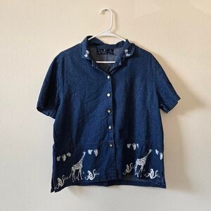 Women's Vintage 90s Denim Jean Button Front Bleached Safari Animal Blouse Large